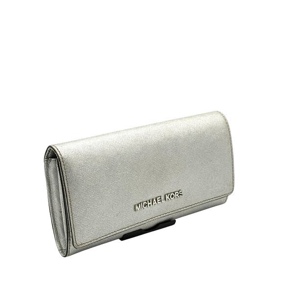 Michael Kors Metallic Silver Clutch Wallet*Jet Set Large Carryall Trifold* - Picture 3 of 14